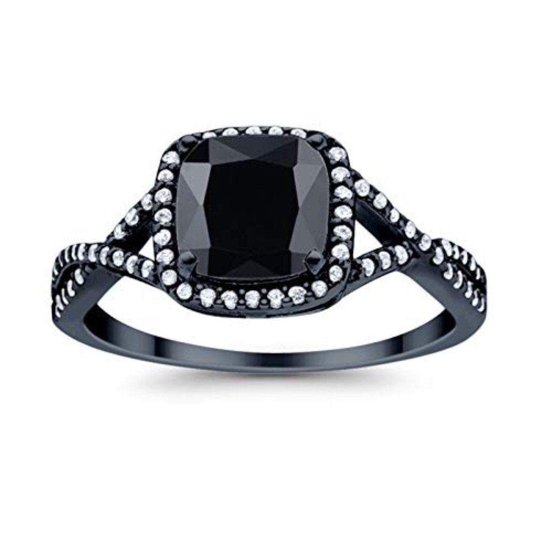 Halo Infinity Shank Engagement Ring Black Tone, Simulated Black CZ 925 Sterling Silver