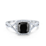 Halo Infinity Shank Engagement Ring Cushion Round Simulated Black CZ 925 Sterling Silver