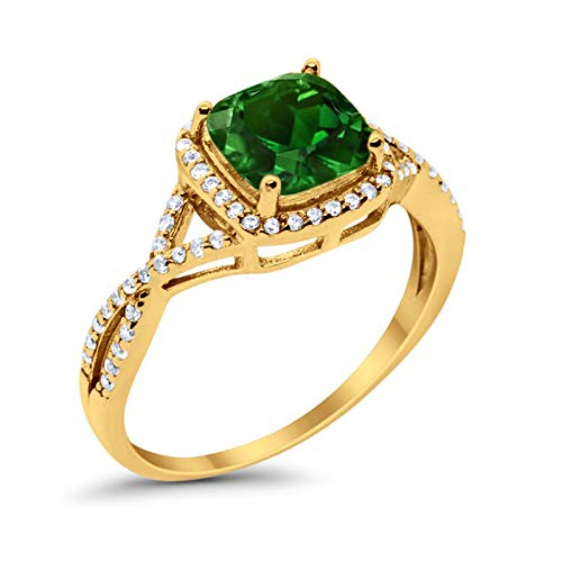 Halo Infinity Shank Engagement Ring Yellow Tone, Simulated Green Emerald CZ 925 Sterling Silver