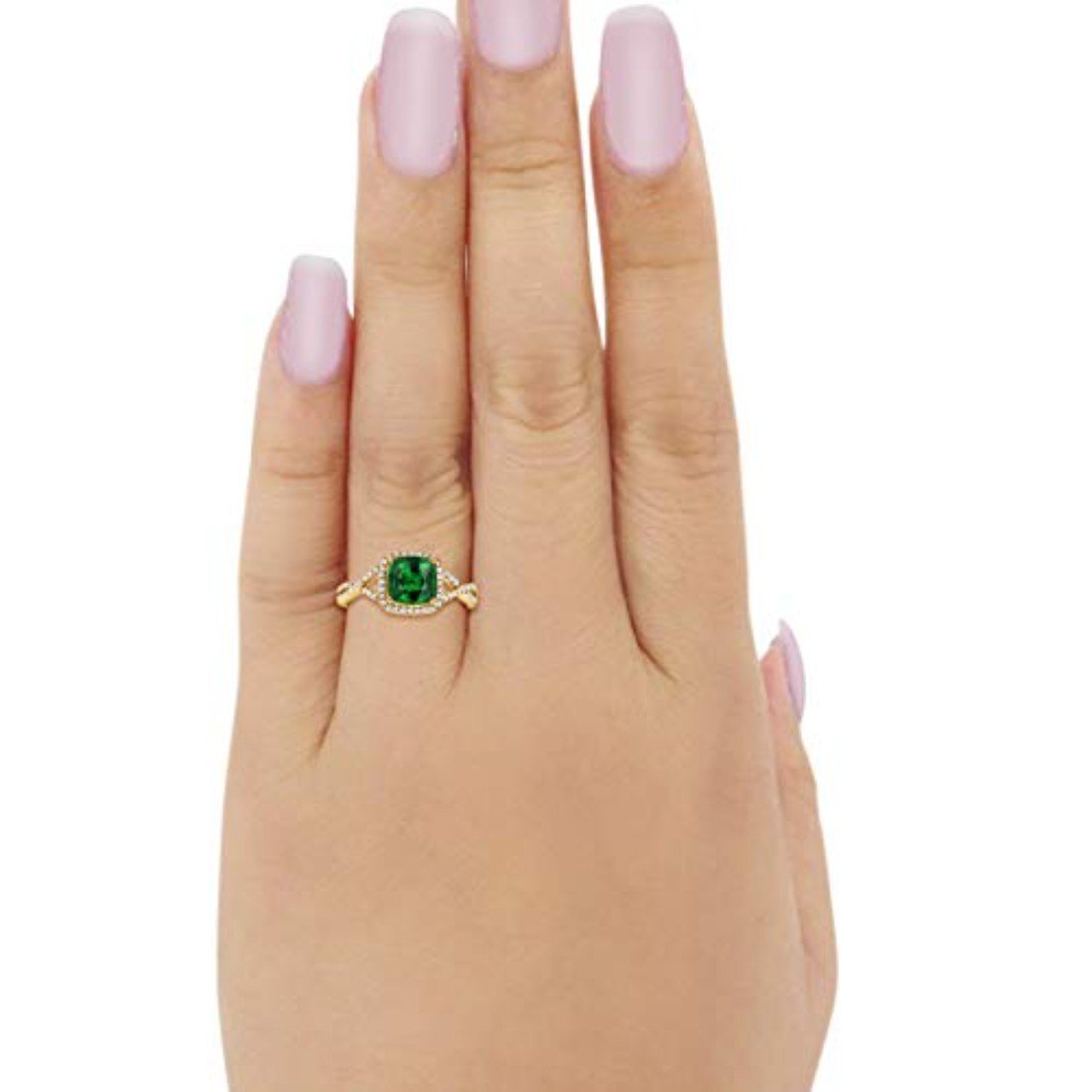 Halo Infinity Shank Engagement Ring Yellow Tone, Simulated Green Emerald CZ 925 Sterling Silver