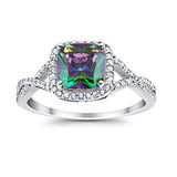 Halo Infinity Shank Engagement Ring Cushion Simulated Rainbow CZ 925 Sterling Silver