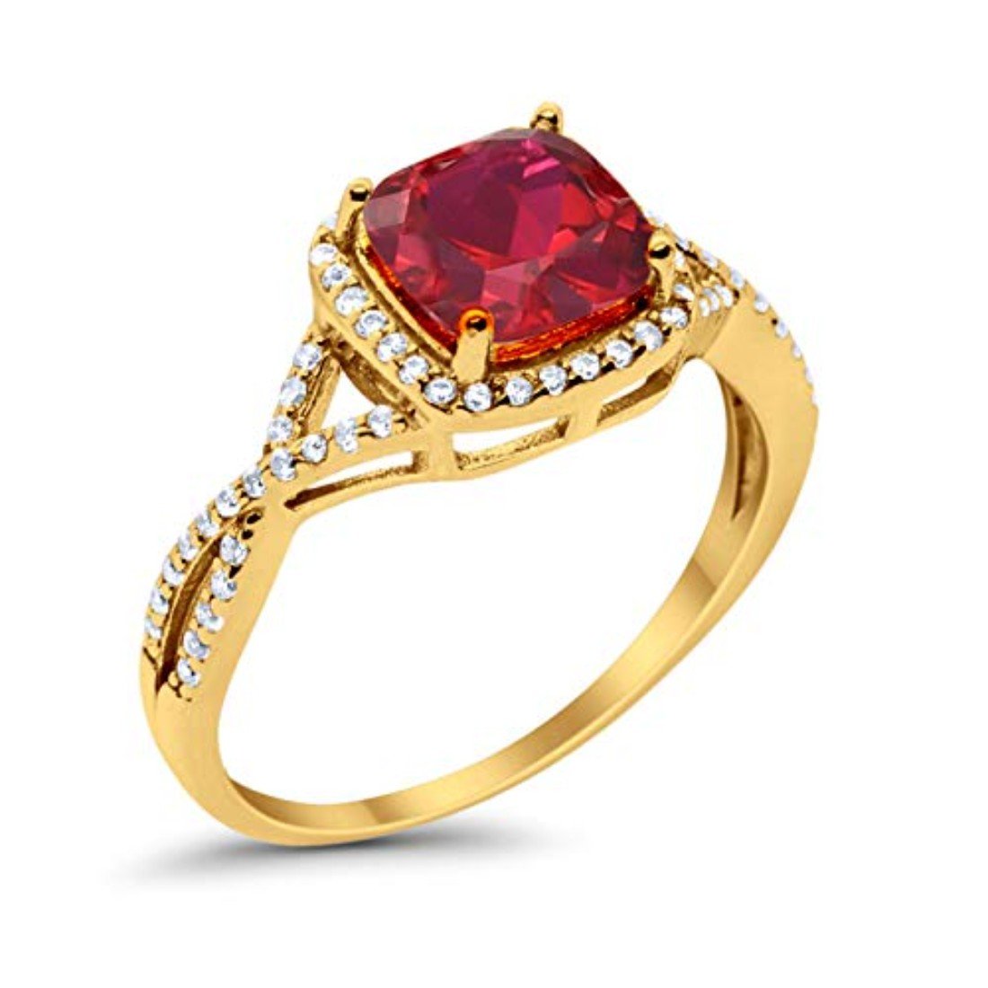 Halo Infinity Shank Engagement Ring Yellow Tone, Simulated Ruby CZ 925 Sterling Silver