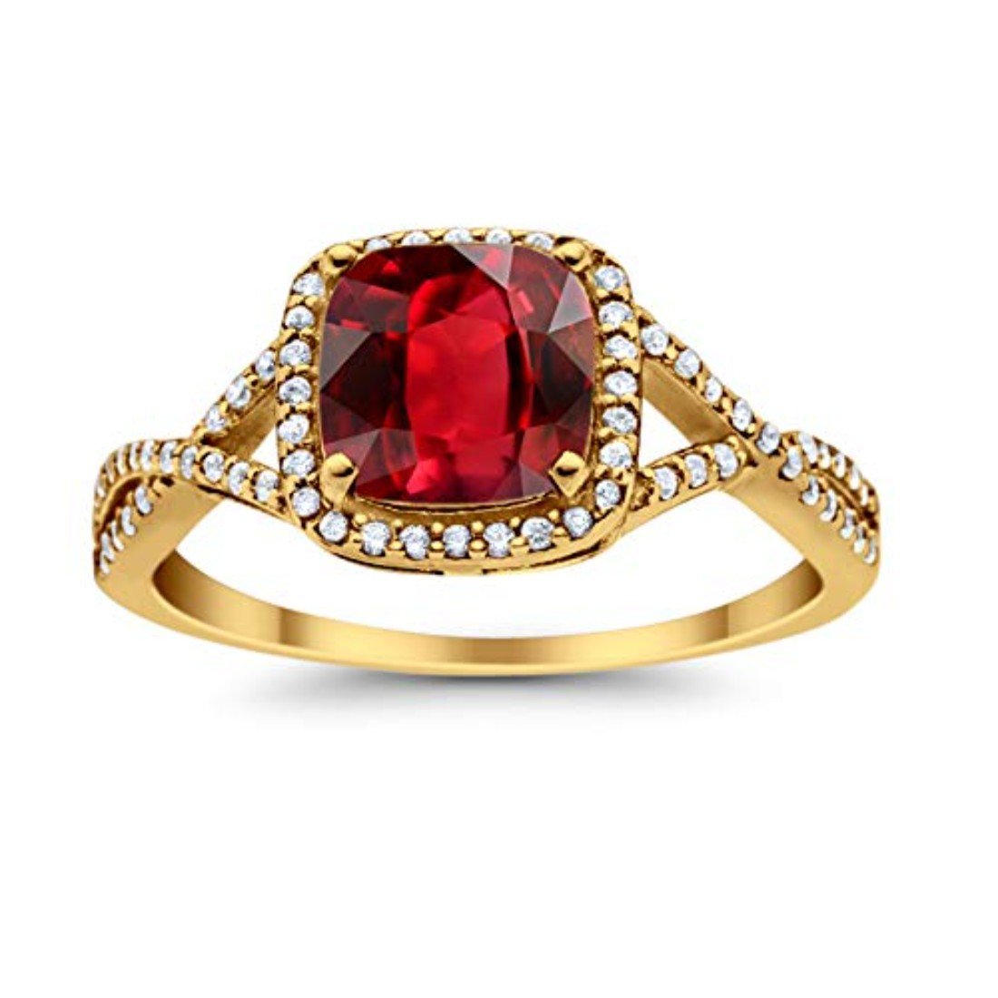 Halo Infinity Shank Engagement Ring Yellow Tone, Simulated Ruby CZ 925 Sterling Silver