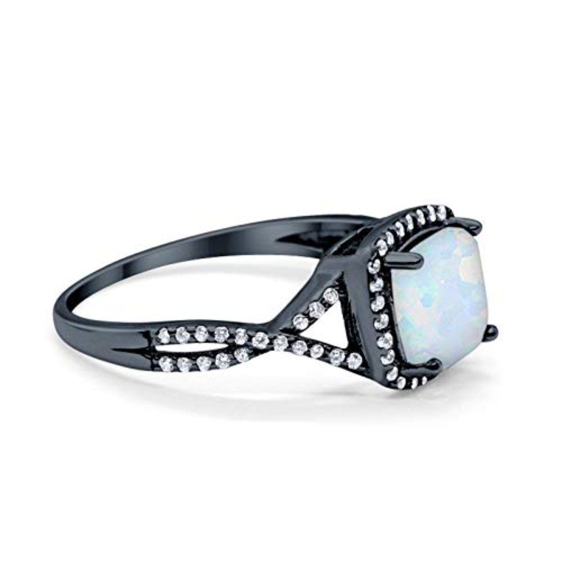 Halo Infinity Shank Engagement Ring Black Tone, Lab Created White Opal 925 Sterling Silver