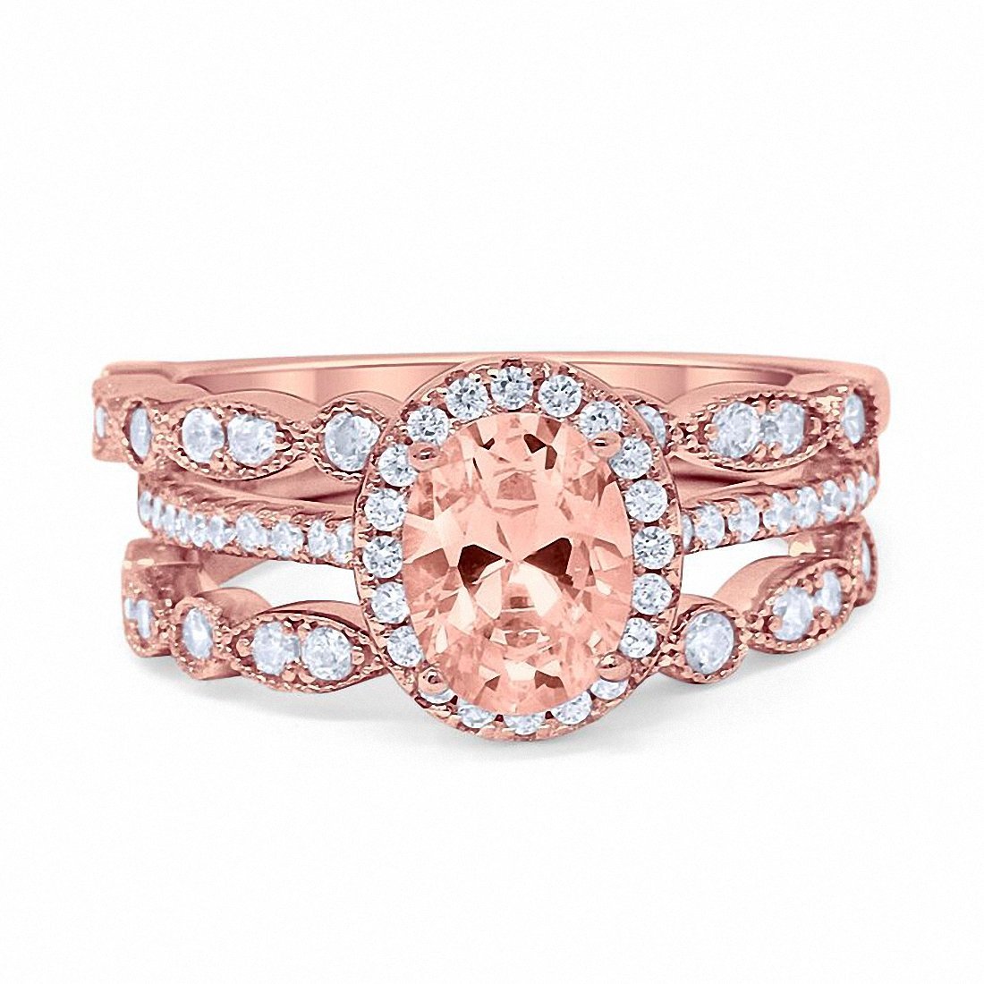 Three Piece Halo Wedding Ring Oval Rose Tone, Simulated Morganite CZ 925 Sterling Silver