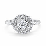 Halo Engagement Ring Bezel Round Simulated Cubic Zirconia 925 Sterling Silver