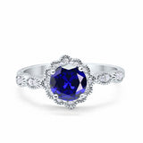 Halo Floral Art Deco Wedding Ring Simulated Blue Sapphire CZ 925 Sterling Silver