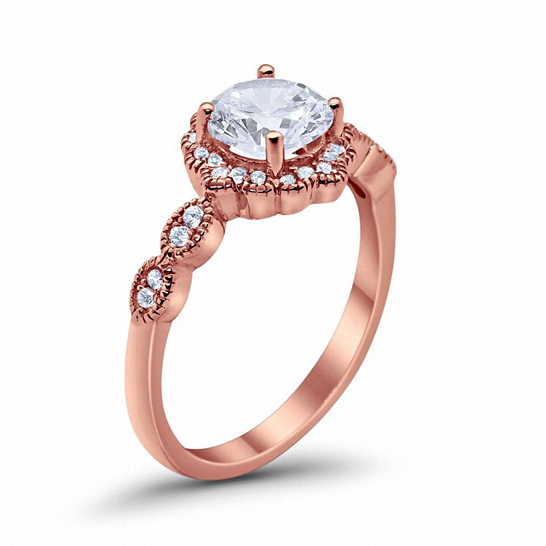 Floral Art Engagement Ring Round Rose Tone, Simulated CZ 925 Sterling Silver