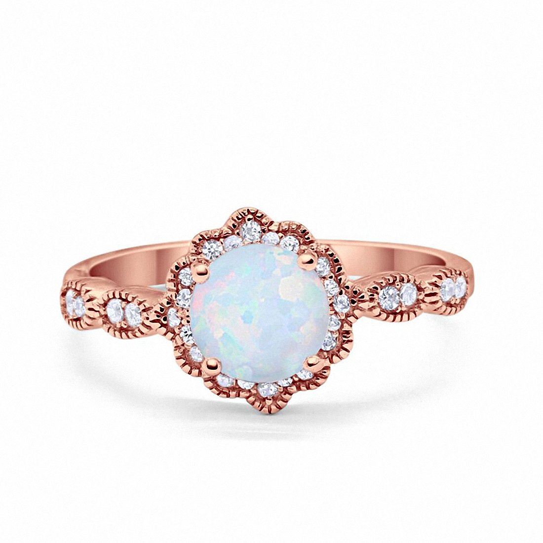 Floral Art Engagement Ring Rose Tone, Lab Created White Opal 925 Sterling Silver