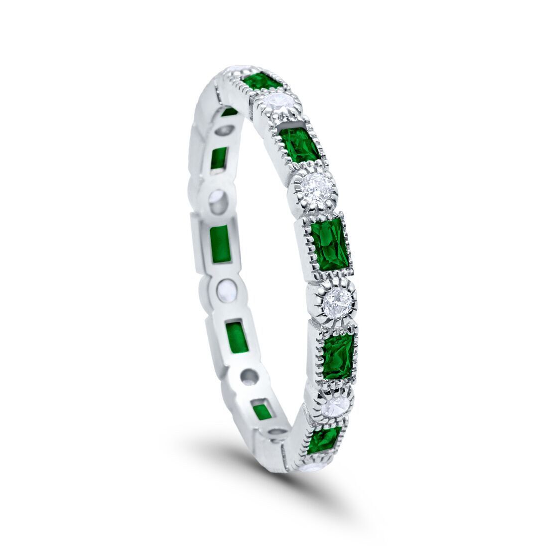 Full Eternity Wedding Band Simulated Green Emerald CZ 925 Sterling Silver