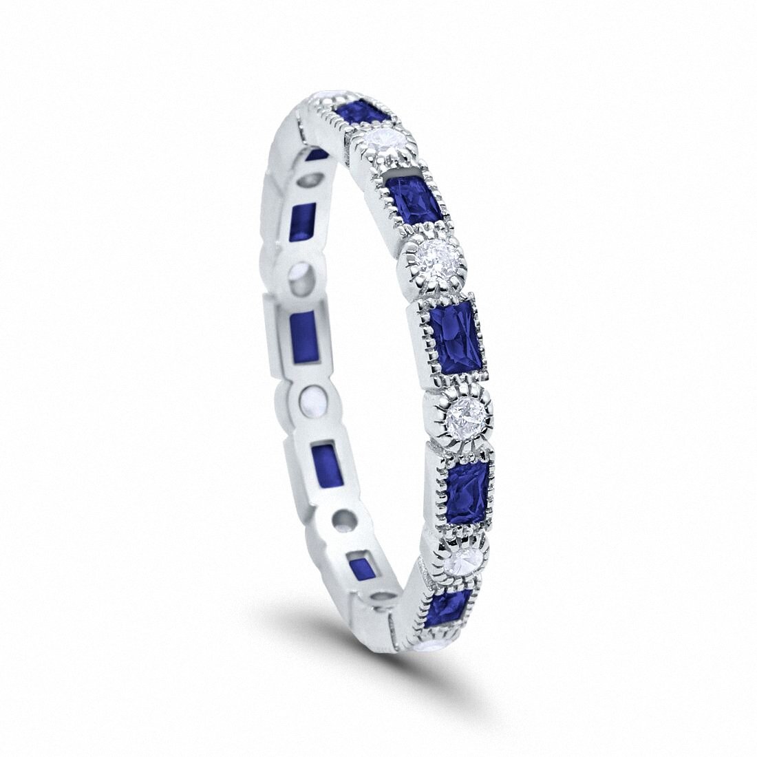 Full Eternity Wedding Band Simulated Blue Sapphire CZ 925 Sterling Silver