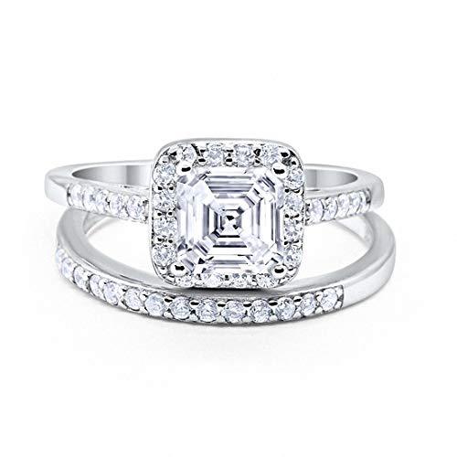 Halo Asscher Cut Wedding Piece Ring Round Simulated CZ 925 Sterling Silver
