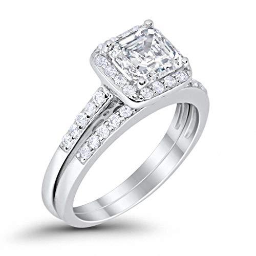 Halo Asscher Cut Wedding Piece Ring Round Simulated CZ 925 Sterling Silver