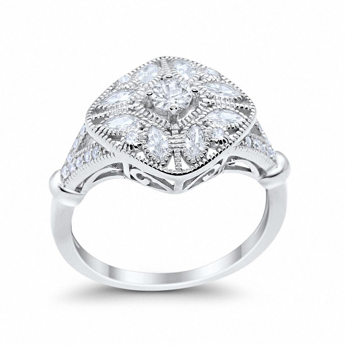 Art Deco Ring Marquise Filigree Round Simulated CZ 925 Sterling Silver