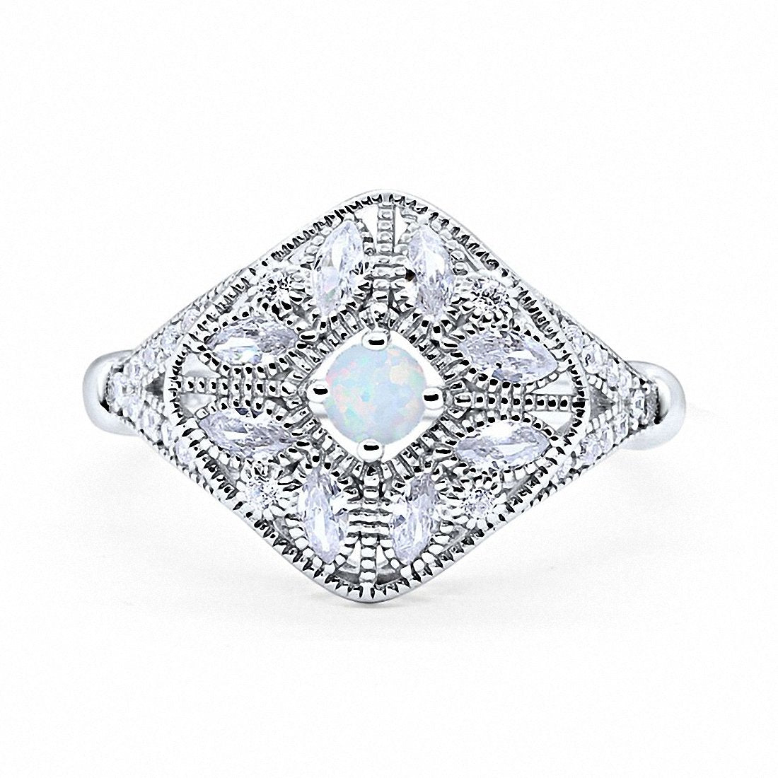 Art Deco Ring Marquise Filigree Lab Created White Opal 925 Sterling Silver