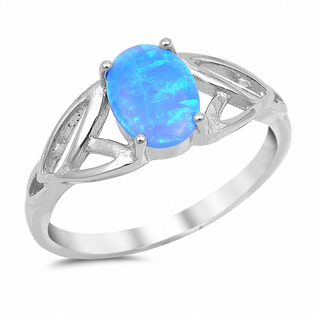 Solitaire Celtic Ring Oval Lab Created Blue Opal 925 Sterling Silver