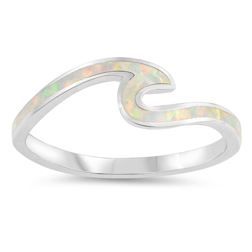 Small Wave Ring Petite Dainty Created White Opal 925 Sterling Silver