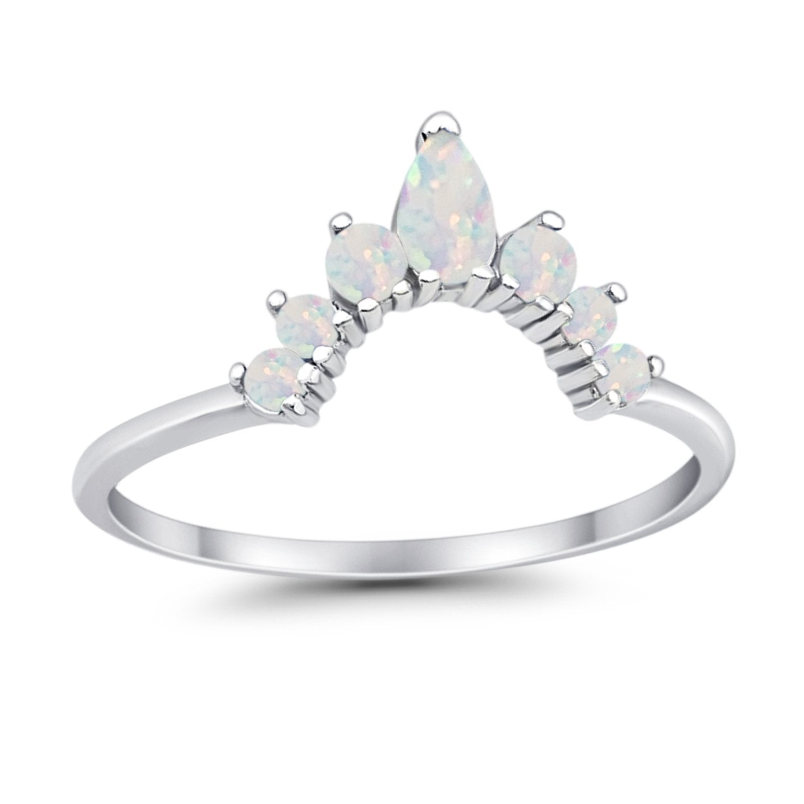 Curved Band Thumb Ring Pear Lab Created White Opal Round 925 Sterling Silver