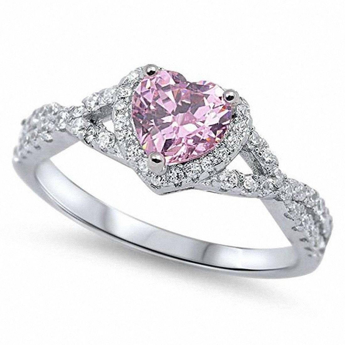 Halo Infinity Shank Heart Ring Round Simulated Pink CZ 925 Sterling Silver