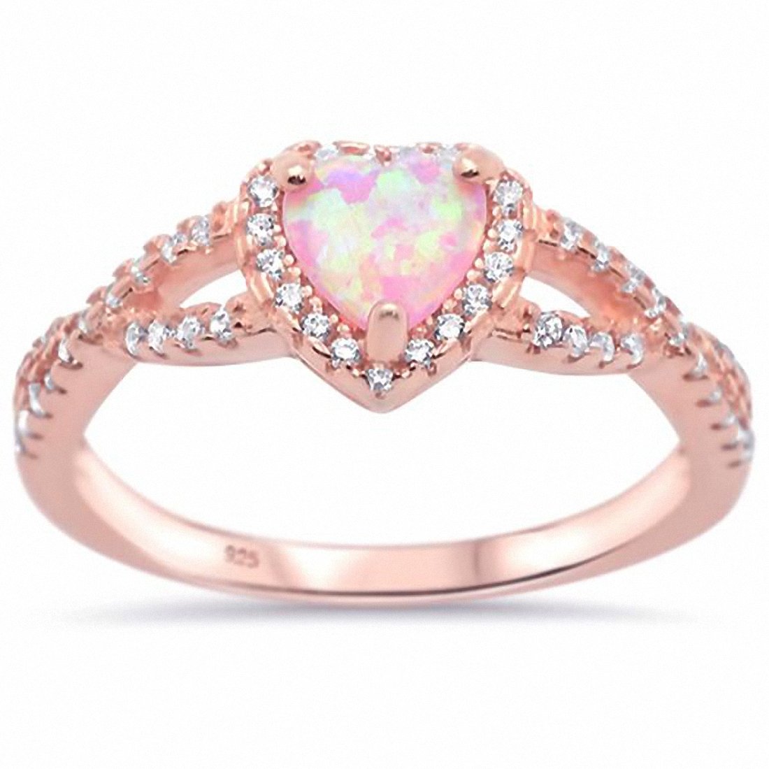 Halo Infinity Shank Heart Ring Rose Tone, Lab Created Pink Opal 925 Sterling Silver