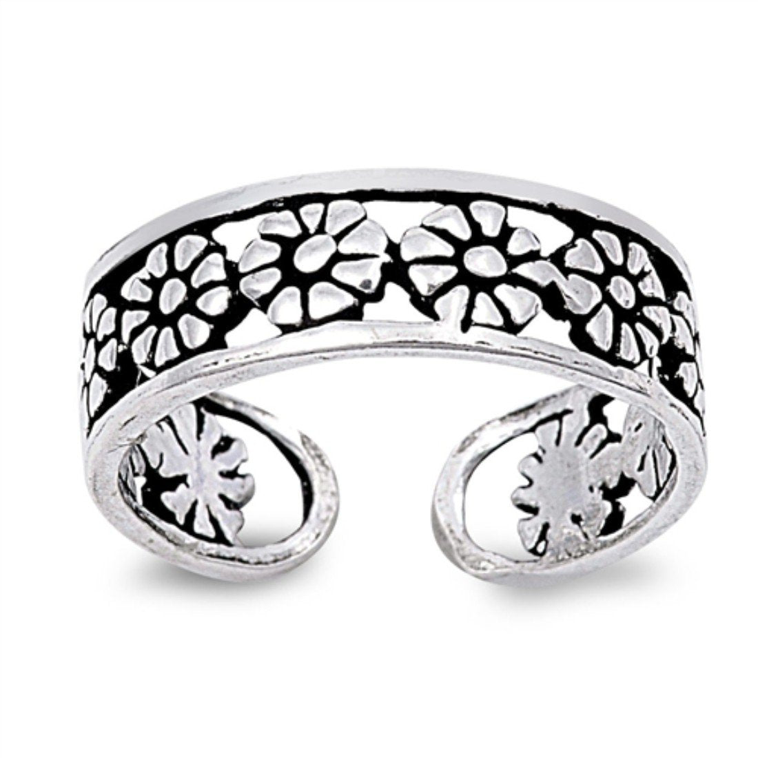 Flower Silver Toe Ring Adjustable Band 925 Sterling Silver For Women (5mm)