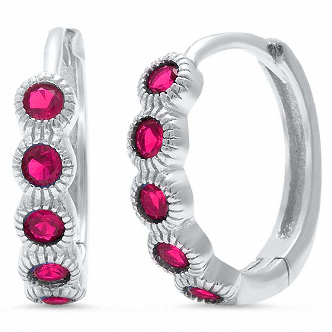 Huggie Hoop Earring Round Bezel Simulated Ruby CZ Stone 925 Sterling Silver