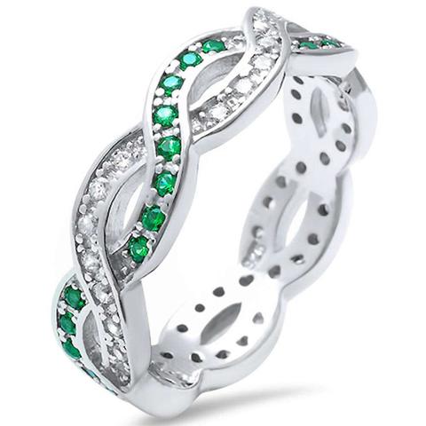 Eternity Rings Crisscross Infinity Ring Round Simulated Green Emerald CZ 925 Sterling Silver