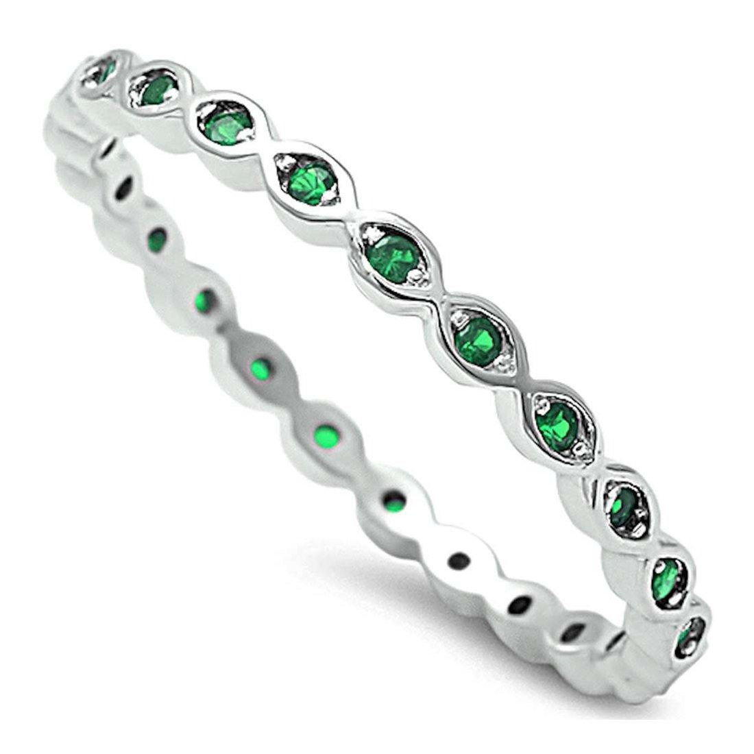 Full Eternity Stackable Band Ring Simulated Green Emerald CZ 925 Sterling Silver