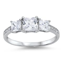 Three Stone Wedding Ring Princess Cut Simulated Cubic Zirconia 925 Sterling Silver