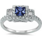 Princess Cut Simulated Blue Sapphire Cubic Zirconia Engagement Ring 925 Sterling Silver