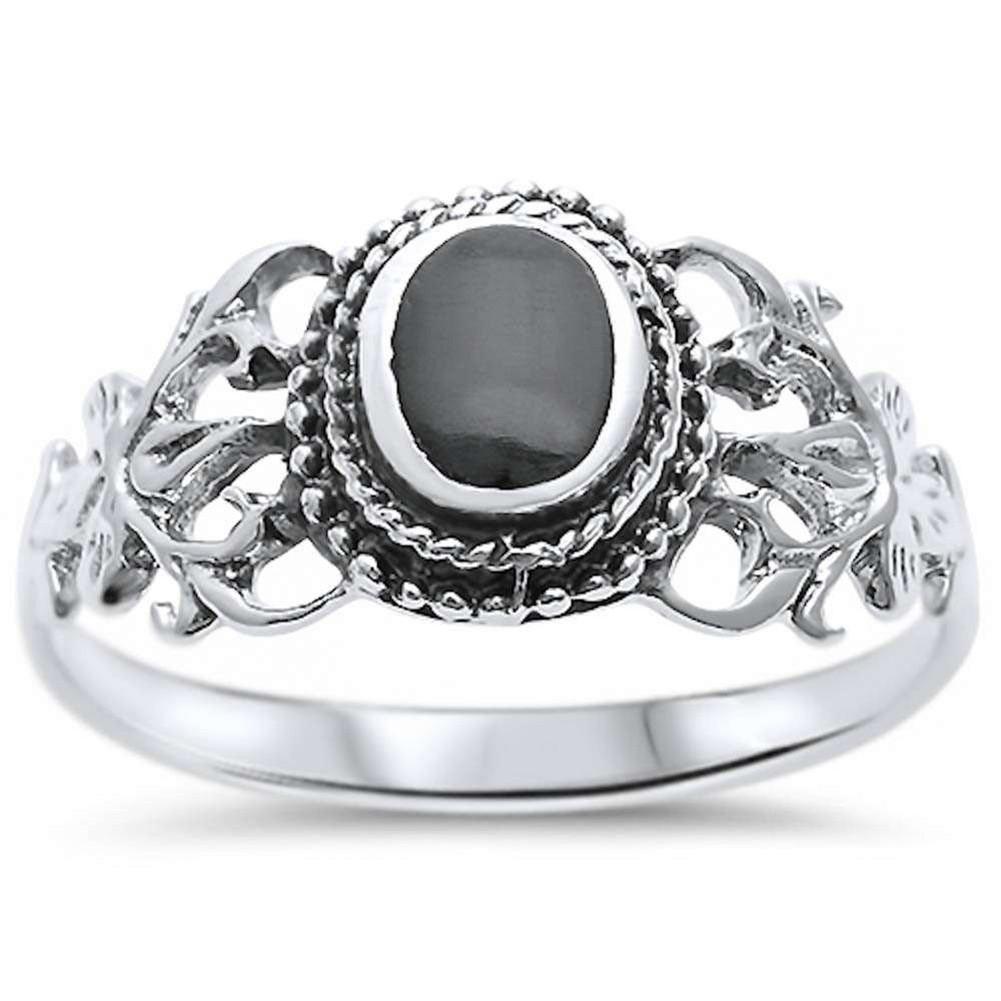 Accent Fashion CZ Ring Oval Simulated Black Onyx 925 Sterling Silver