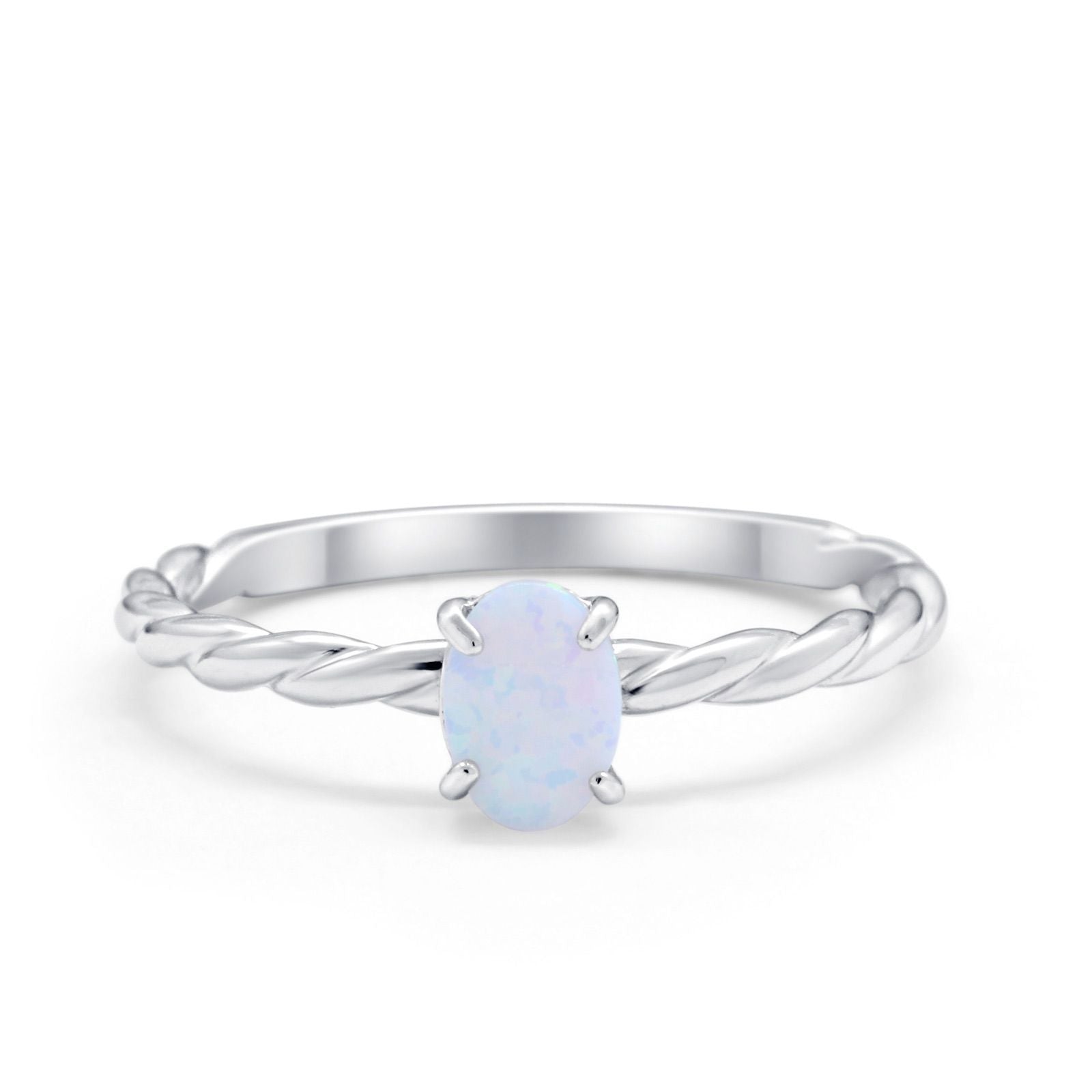Solitaire Twisted Oval Wedding Ring Lab Created White Opal 925 Sterling Silver
